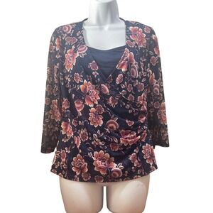 Tahari‎ Floral Print 3/4 Sleeve Blouse Top Faux Wrap Navy Peach M boho spring